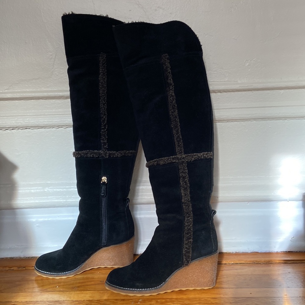 Tory Burch Black Suede Shearling Wedge Over the knee Boots